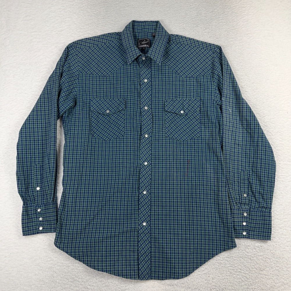 Roper Blue Pearl Snap Western Shirt Blue Green Plaid Large Mens Vintage L